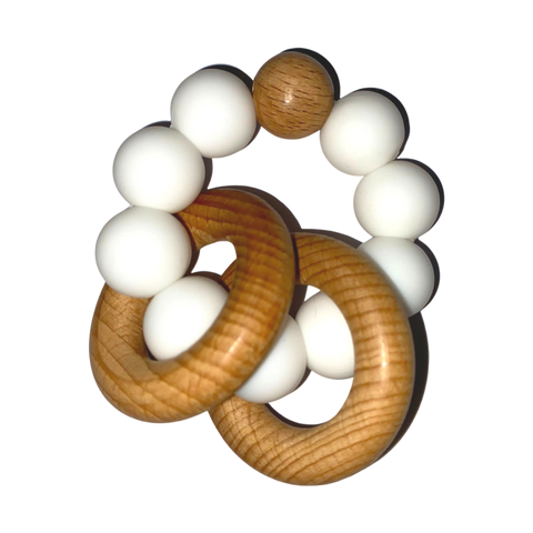 Silicone and Wooden Teether - White