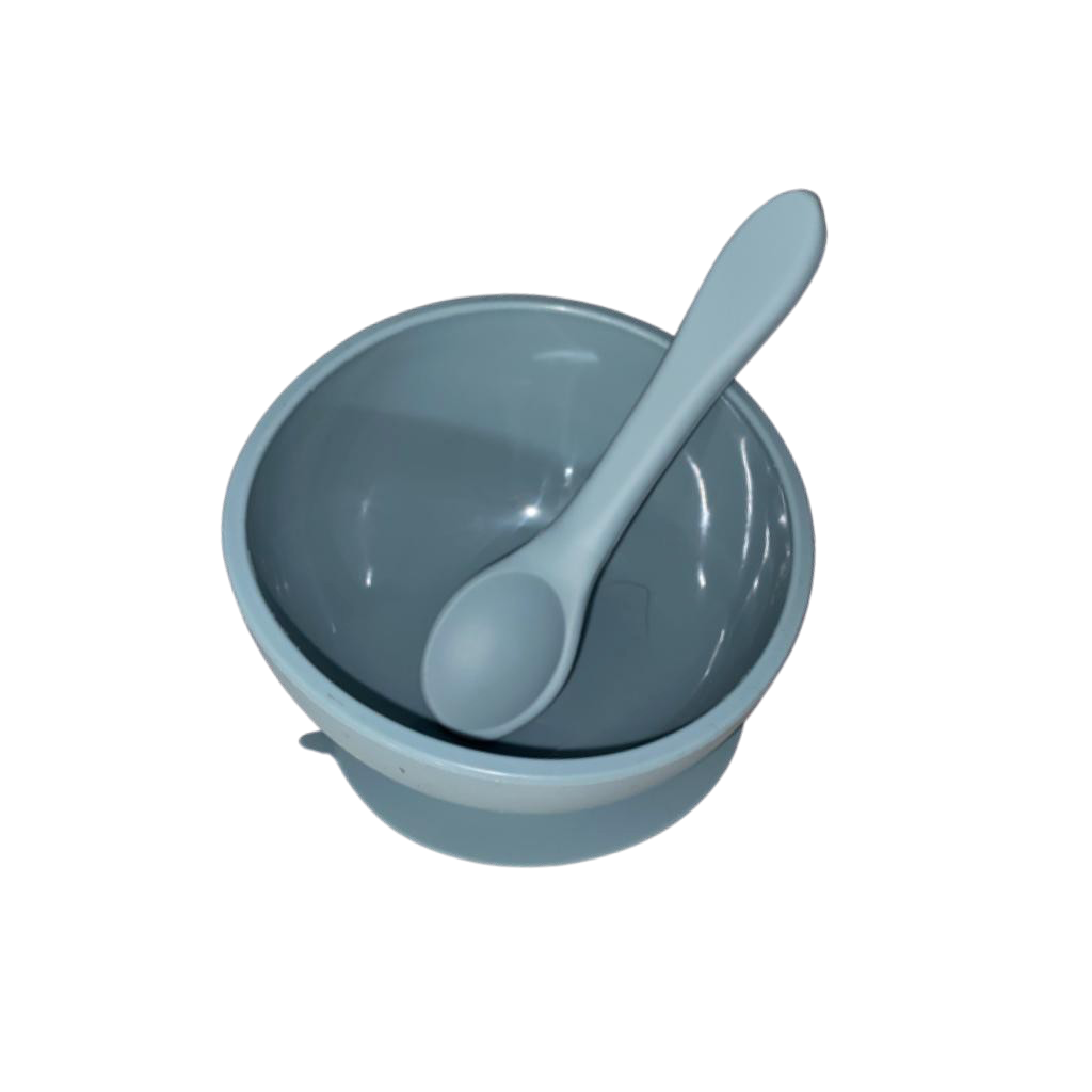 Silicone Suction Bowl and Spoon - Steel Blue