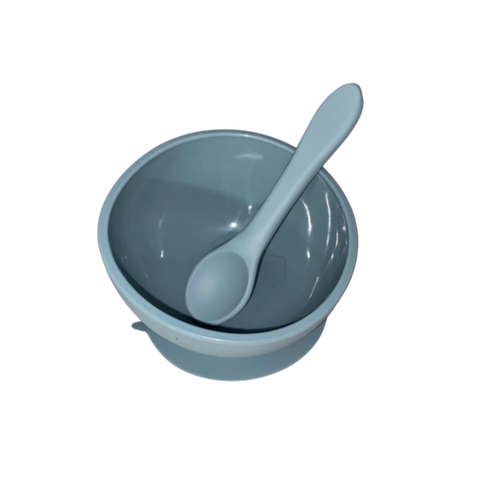 Silicone Suction Bowl and Spoon - Steel Blue